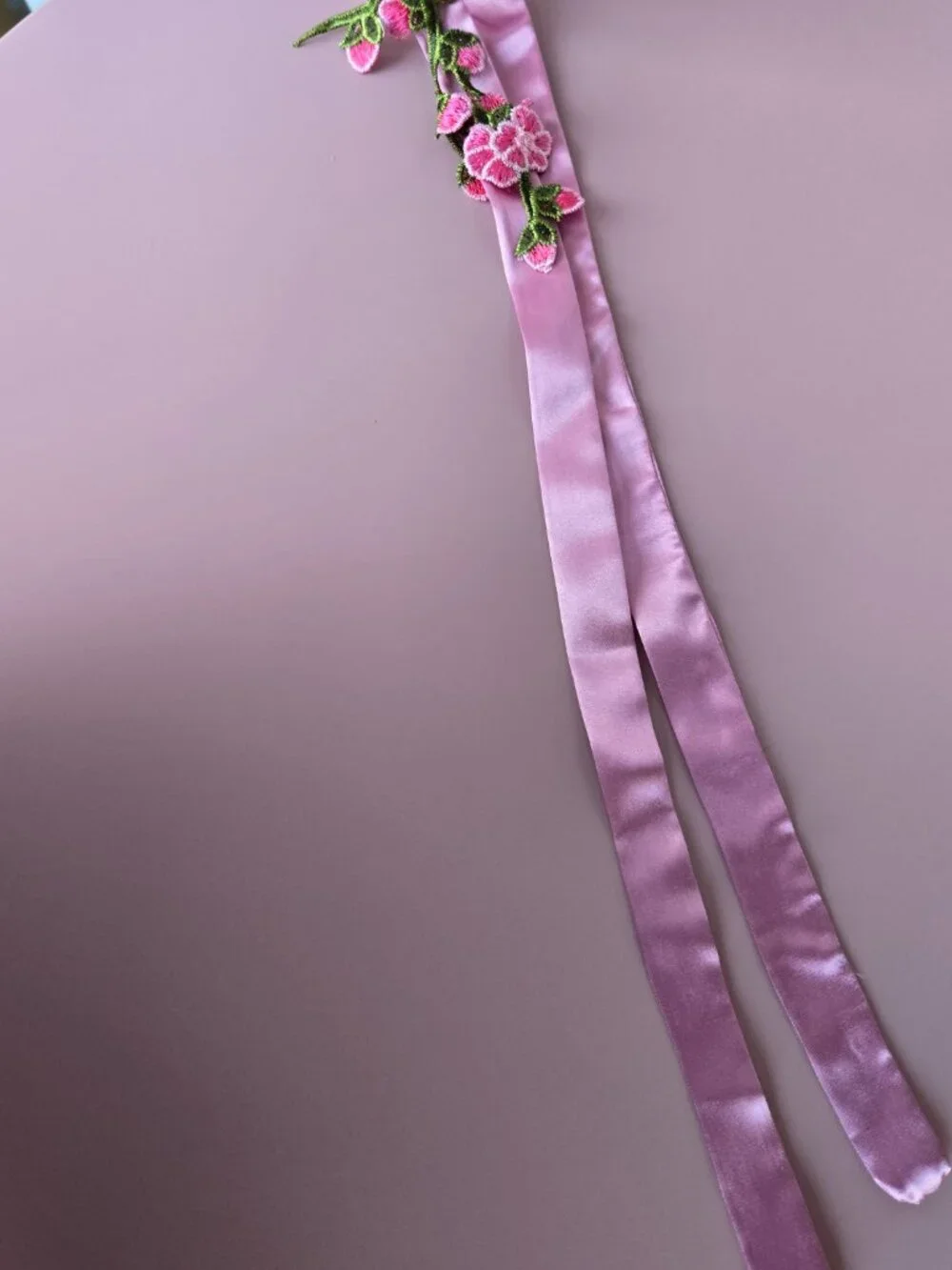 Handmade Pink and Fuchsia Embroidered Rose Patchwork Quilted Hair Sash
